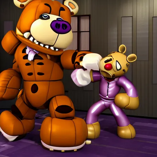 Prompt: Freddy Fazbear punching a purple security guard, HD, 4k image, realistic