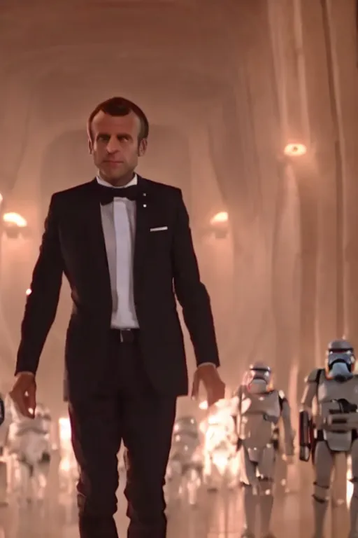 Image similar to [a still of Macron in the movie Star Wars, evil, 4k, HD, high quality]