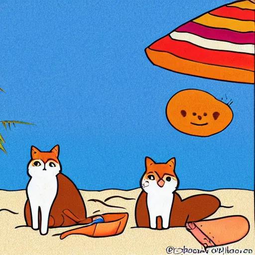 Prompt: 2 cats friends hanging at the beach, cartoon style