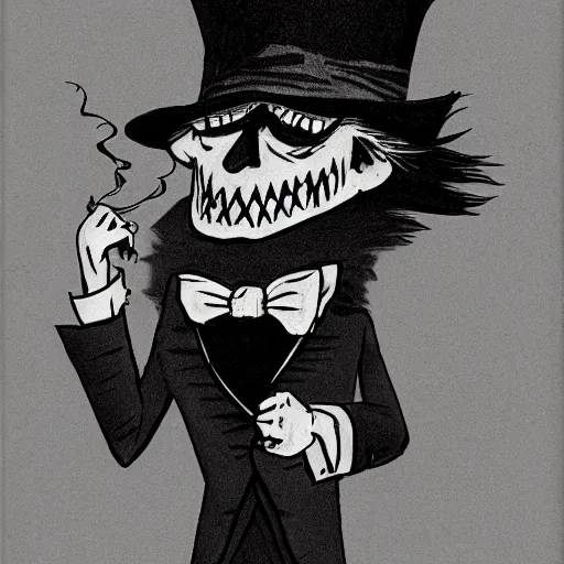 Image similar to a Pop Wonder scary horror themed goofy-hilarious-character Mad-Hatter-babadook-wearing a scarf, 3-piece-suit, dime-store-comic drawn with charcoal and pen and ink, half-tone-line-stacking