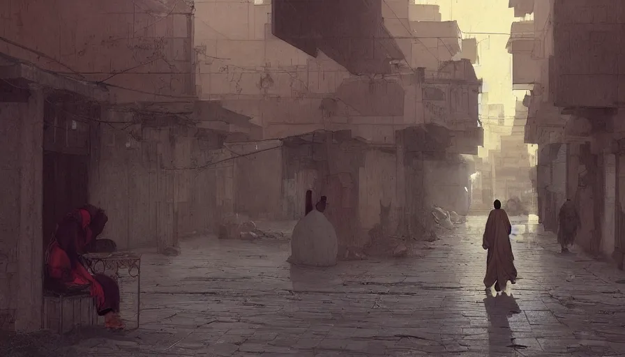 Prompt: old jeddah city street, roshan, shops, pharmacy, a nomad wearing a worn out coat, plants, tree, dramatic lighting, by caspar david friedrich by james gilleard and justin gerard, artstation, smooth, sharp focus, by jean baptiste, octane render