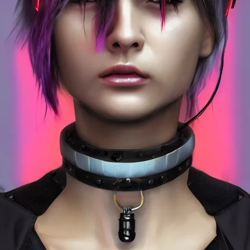 Image similar to detailed realistic cyberpunk female character cyberpunk wearing steel collar around neck, realistic, art, beautiful, 4K, collar, choker, collar around neck, punk, artstation, detailed, female, woman, choker, cyberpunk, neon, punk, collar, choker, collar around neck, thick collar, choker around neck, wearing choker, wearing collar, bright neon punk hair,