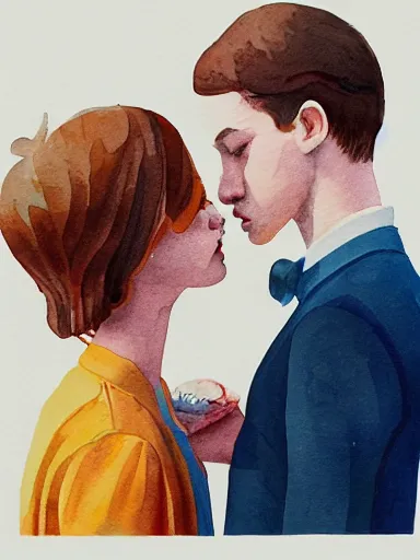 Image similar to water color painting, artwork by wes anderson, of a solo individual portrait of a guy and a girl kissing, dapper, simple illustration, nostalgic, very realistic, full of details, trending on artstation