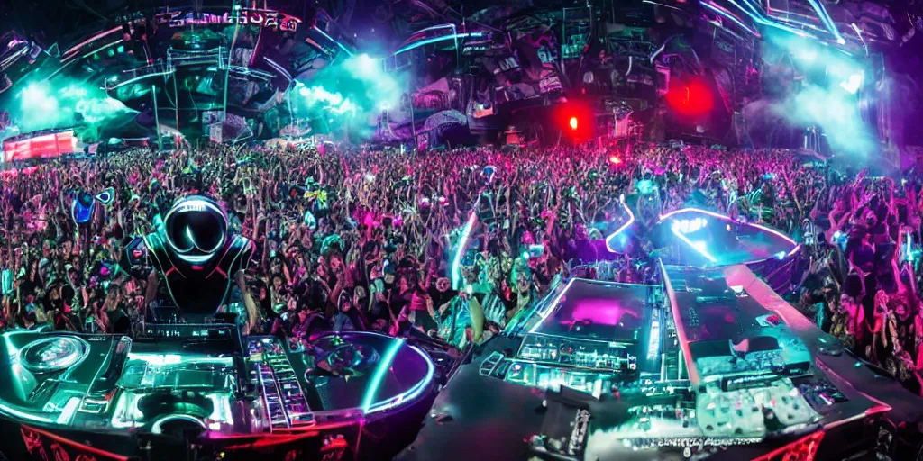 Image similar to the year of 2 0 4 9, the coolest + future + end of the world + edm show, 1 0 0 0 0 peoples watch the dj lives, huge digital robot on the middle of the stage, dance music show, maximum detailed, 2 4 mm fob lens, wide angle,