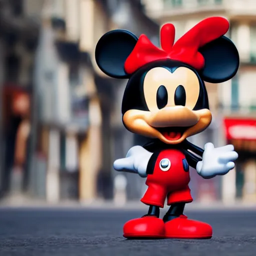 Image similar to a life-sized talking uncanny valley funko pop of mickey mouse, wandering in the streets of Paris high quality very detailed with shadows 4k