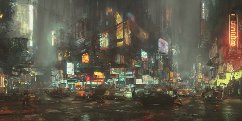 Prompt: a guatemalan solitary cyberpunk city, abandoned with neon ads and signs with evocative dramatic mood with blade runner vibe with cars and floating vehicles with motion blur with depth of field with bloom with lightshaft with volumetric lights, fog, by jeremy mann, oscar winning graphics, photo realistic, bloom, imax, dynamic lighting, artstation,