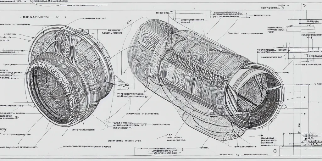 Image similar to highly detailed schematic, technical drawing, side view, toroid, universe designs