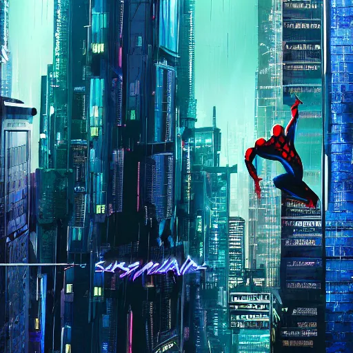 Prompt: cyberpunk version of spider - man the spider - man is on a cyberpunk skyscraper the background is a view of a cyberpunk city and it's raining