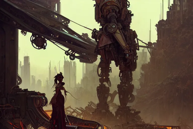 Prompt: a mech standing in a ruined city, fantasy, intricate, elegant, dramatic lighting, highly detailed, lifelike, photorealistic, digital painting, artstation, concept art, smooth, sharp focus, illustration, art by Alphonse Mucha