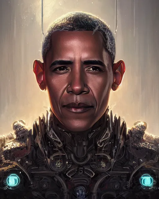 Image similar to portrait of holy cyborg barack obama savior, god, fantasy, intricate, elegant, highly detailed, digital painting, artstation, concept art, smooth, sharp focus, illustration, by artgerm and greg rutkowski