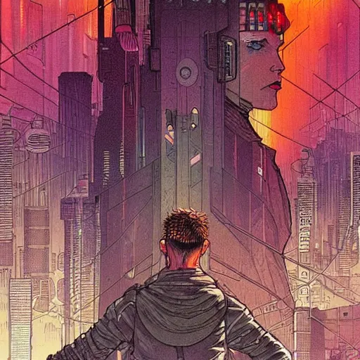 Prompt: Neuromancer cyberpunk cover in Moebius style, energetic