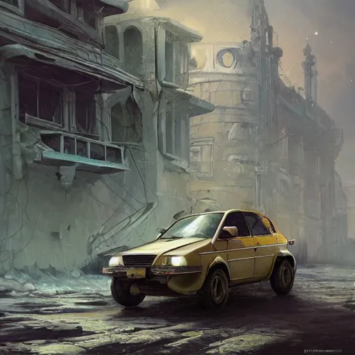 Image similar to pfuturistic lada car on the street of a Russian sleeping quarters on the moon, Norilsk, sci-fi, fantasy, intricate, very very beautiful, elegant, highly detailed, digital painting, artstation, concept art, smooth, sharp focus, illustration, art by artgerm and greg rutkowski and alphonse mucha