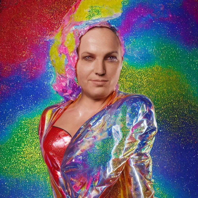Image similar to octane render portrait by wayne barlow and carlo crivelli and glenn fabry, a woman wearing a clear plastic suit full of colorful thick fluid full of glitter, standing in front of a giant sheet of tie - dye aluminum foil, cinema 4 d, ray traced lighting, very short depth of field, bokeh
