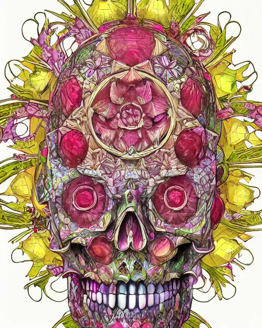 Image similar to Carved ruby skull art surrounded by varities of pineapple, cell shading, voronoi, fibonacci sequence, sacred geometry by Alphonse Mucha, Moebius, hiroshi yoshida, Art Nouveau, colorful, ultradetailed, vivid colour, 3d