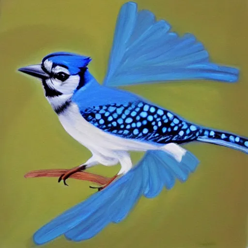 Image similar to a painting of a bluejay returning to the girl that raised it