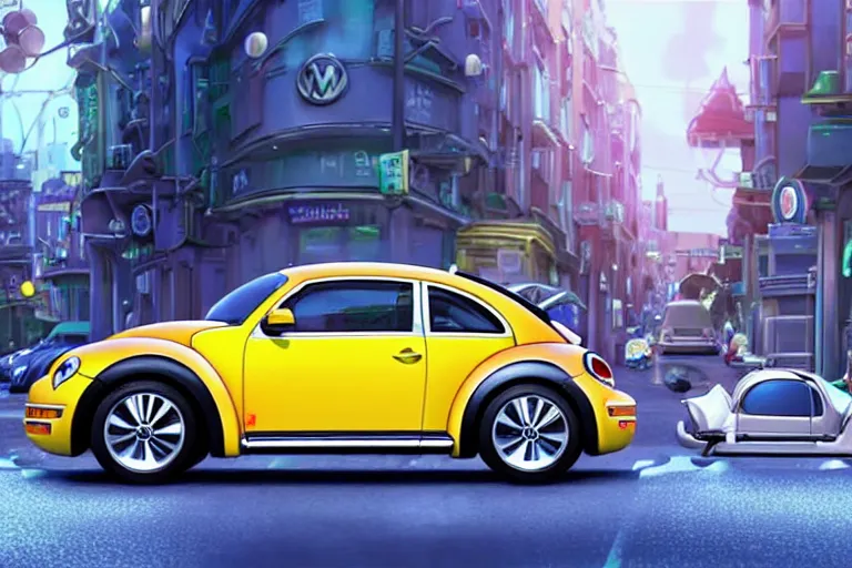 Prompt: a wholesome animation key shot of!! one!! focused!! vw beetle superbug!! in shiny reflective stainless steel, in a sydney street in australia, medium shot, studio ghibli, ( pixar ) and disney animation, sharp, very detailed, high resolution, rendered in unreal engine 5, anime key art by greg rutkowski, bloom, dramatic lighting