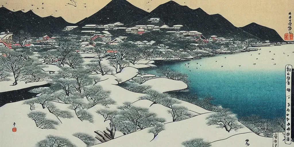 Image similar to 🌨 ❄ 🏝 ⛩. shin hanga.