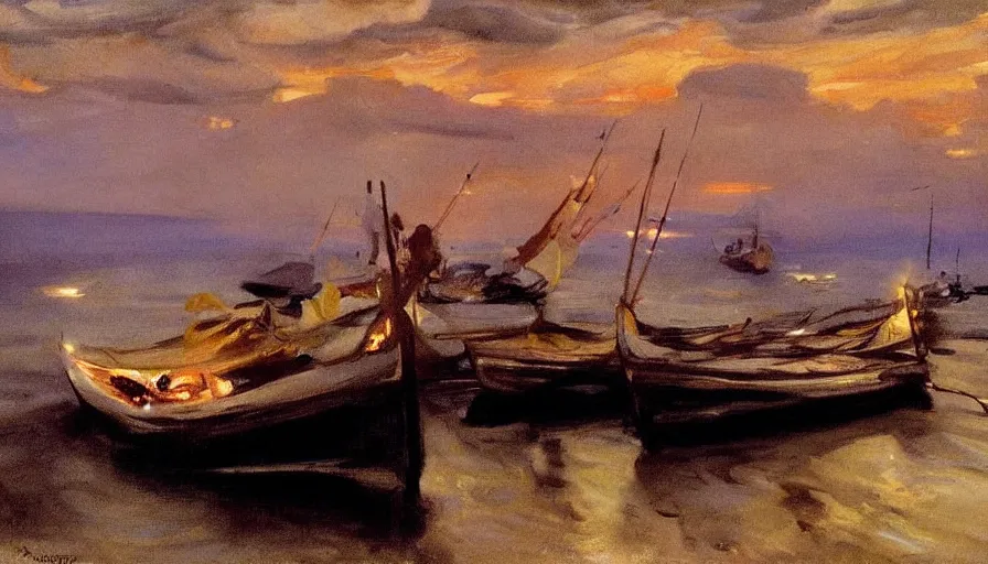 Prompt: the lights in the fishing boats at anchor there, as the night descended, tilting in the air, mastered the night and portioned out the sea, fixing emblazoned zones and fiery poles, arranging, deepening, enchanting night. by john singer sargent