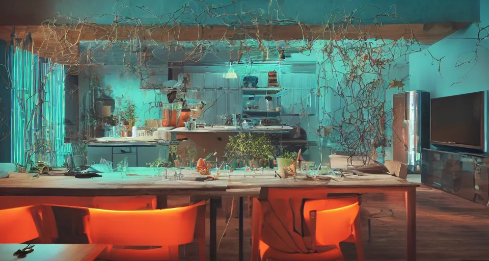 Prompt: IKEA catalogue photo, high end farm house style kitchen, tv screens, monitors, cyberpunk with neon lighting, cyan, orange, organic, vines, decay, by Beksiński