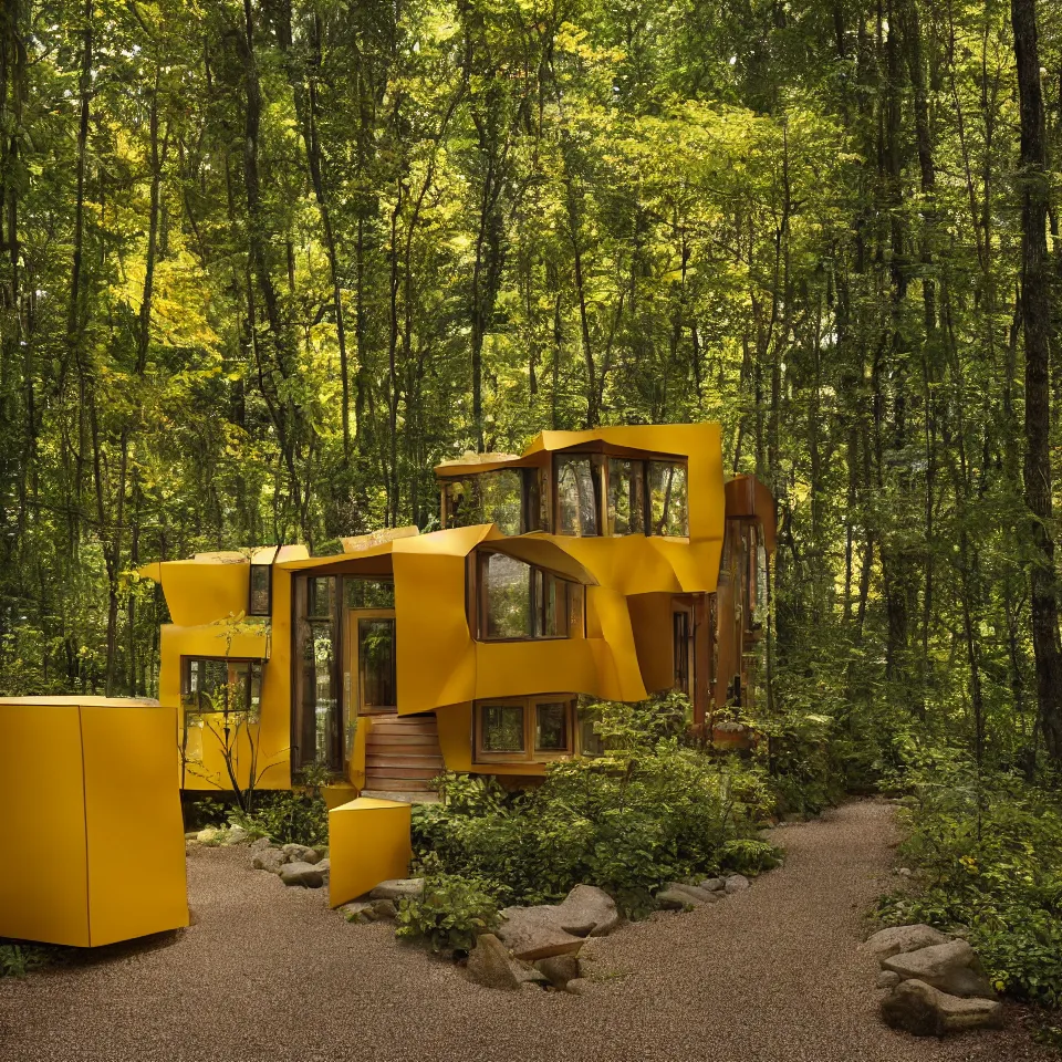 Prompt: a tiny house in a light forest clearing, designed by Frank Gehry. Tiles. Gravel pathway. Film grain, cinematic, yellow hue