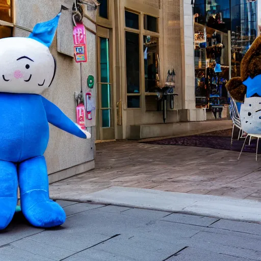 Image similar to blue'snappy gifts'human - sized plush doll, on sidewalk, holding gift, happy atmosphere, high detail, soft lighting, 8 k