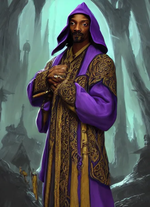 Image similar to snoop dogg as a mage, short beard, grumpy, intricate purple robes, Ivan Aivakovsky, Boris Vallejo, epic fantasy character art, D&D Concept Art, full length, ultra Realistic, Regal, Refined, Detailed Digital Art, Exquisite detail, post-processing, masterpiece, Cinematic Lighting, Unreal Engine, 8k, HD,