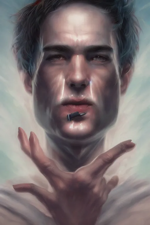 Prompt: portrait of a man made of a smoke, by artgerm, tom bagshaw, gerald brom, vaporwave, vaporwave colors, lo fi colors, vaporwave, lo fi, 4 k, hd,