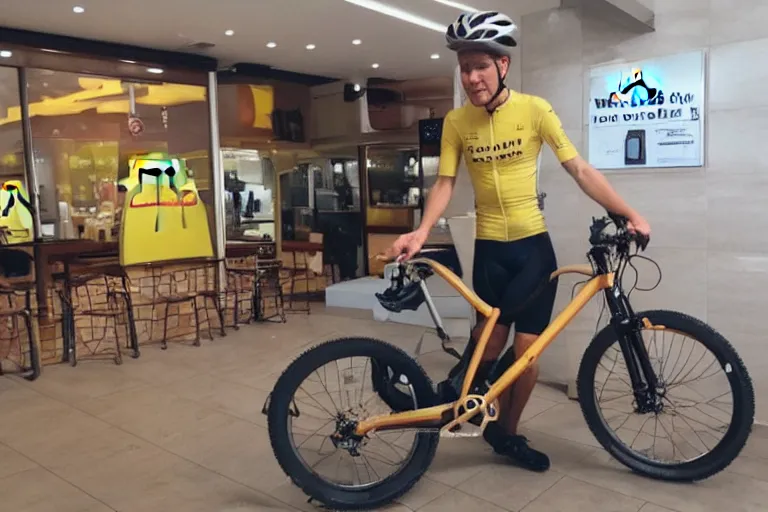 Image similar to cyclist in toilet!!! inside mcdonalds is eating donuts!!! and drinking yerba!!! mate