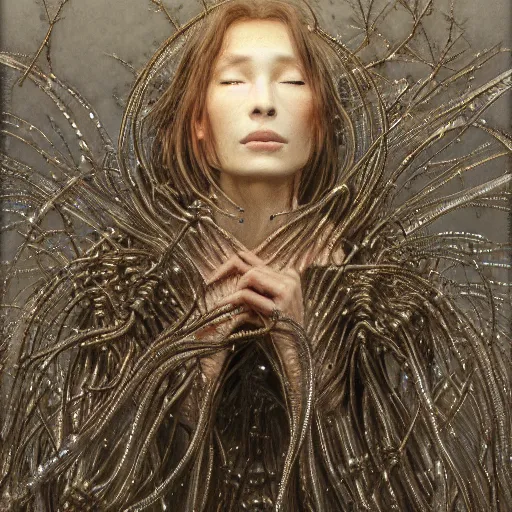 Image similar to Woman, spiky ice crystals on skin, 150mm, shiny, flat background, glowing, wires everywhere, by Edgar Maxence and Ross Tran, Zdzisław Beksiński, and Michael Whelan, distant, gustav dore, H.R. Giger, 8k, octane render