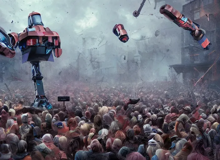 Prompt: crowd of robots spread around tornado hyperrealistic artstation fx