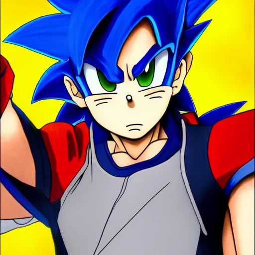 Image similar to ultra realistic portrait painting of a fusion of sonic and goku, art by masashi kishimoto, 4 k, naruto artstyle, cel shaded, highly detailed, epic lighting