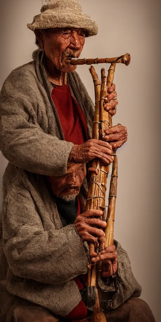 Image similar to Bolivian old man playing a quena wind instrument, unreal 5, hyper realistic, realistic, photo realistic, dynamic lighting, highly detailed, cinematic landscape, studio landscape, studio lighting