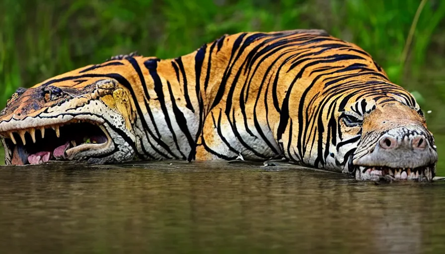 Image similar to an alligator tiger!!! hybrid! hyper realistic!! realistic lighting!! wildlife photographer of the year!!! bold natural colors, national geographic, hd, wide angle, 8 k