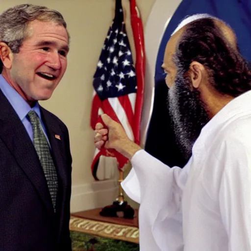 Image similar to george w bush shaking hands with osama bin laden, 8k cinematic lighting, very sharp detail, anatomically correct