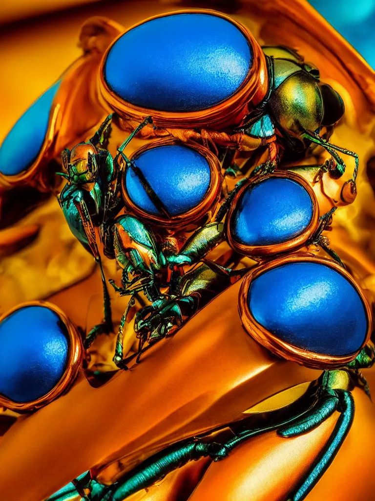 Image similar to close - up shot of a beautiful colorful beetle. insect eyes. complementary color scheme. by slim aarons, by kechun zhang. studio photography high quality highly detailed award winning photograph by national geographic, sculpture by antonio canova, renaissance painting. soft volumetric light