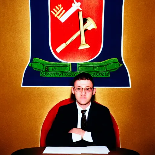 Image similar to A young man in a suit sits at a table , coat of arms of USSR with hammer and sickle in background, bokeh, cinestill, fine details