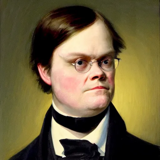 Image similar to portrait of dwight schrute wearing a tuxedo and smirking, as painted by augustus edwin mulready