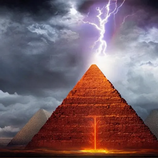 Image similar to Helios muscular god, red fire eyes, guarding the pyramid of Cheops, dessert, ancient world, realistic, god, dramatic lightning, very detailed, concept art,