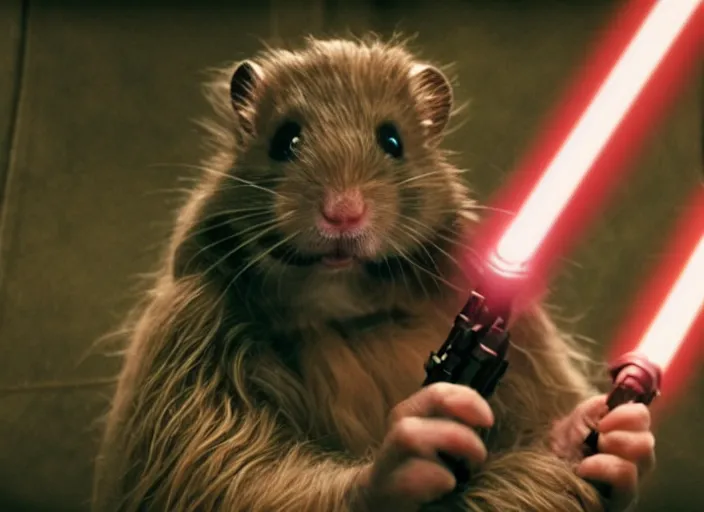 Image similar to movie still, star wars, hamster wielding a lightsaber, cinematic, sharp focus, cinematic lighting, 8 k