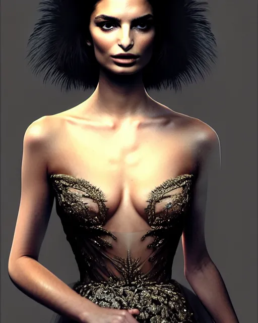 Image similar to Emily Ratajkowski, wearing an evening gown, vera wang couture, very detailed portrait, ultrarealistic, dramatic lighting, electrical details, high details, 4k, 8k, best, accurate, trending on artstation, fur, artstation, photorealism, ultrarealistic, digital painting, style of Dali, Caravaggio, Boris Vallejo