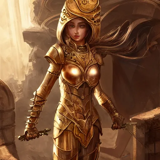 Prompt: portrait knights of Zodiac girl, golden and copper armor, in ruined Agora of Athens, ssci-fi, fantasy, intricate, very very beautiful, elegant, highly detailed, digital painting, artstation, concept art, smooth, sharp focus, illustration, art by tian zi and WLOP and artgerm