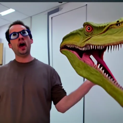 Prompt: photo still from a vlog, a scientist wearing a velociraptor costume, complaining about his samsung refrigerator
