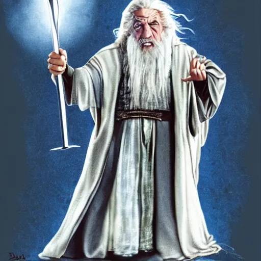 Image similar to danny devito as gandalf the white, lord of the rings movie, full body, high quality, wide angle, illustration, digital art, full color