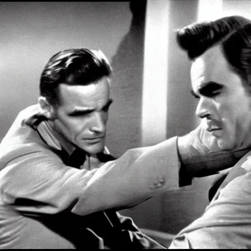 Prompt: still frames from action movie starring montgomery clift movie