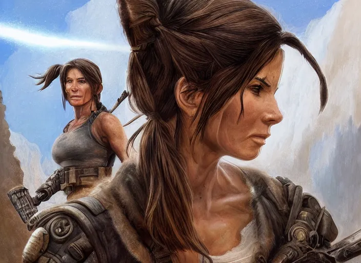 Image similar to face portrait of concentrated young Sandra Bullock as Lara Croft with pig-tails entering an incredible epic ruin, glorious sun beams, intricate, elegant, highly detailed, digital painting, short focus, illustration, Allan Lee, John Howe