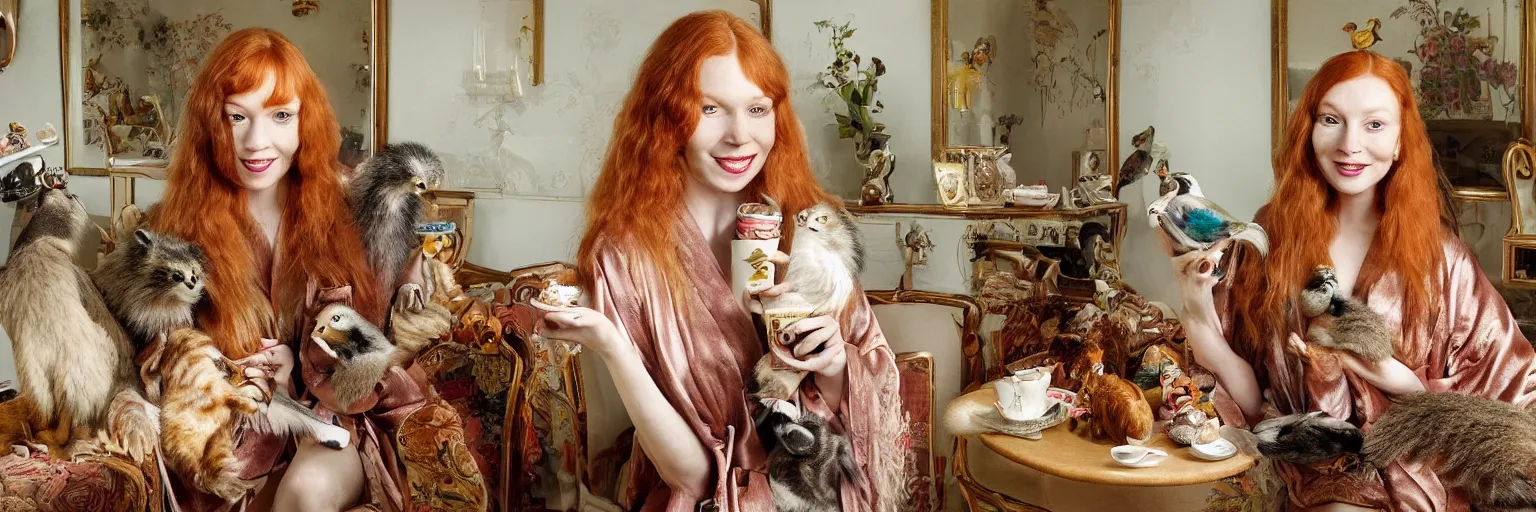 Prompt: a stunning hyper-detailed photorealistic painting of a slender beautiful smiling woman with long ginger hair and bangs, wearing a luxurious silk robe, wearing headphones and posing with her large ginger tabby cat and her raccoon and parrots in an overstuffed easy chair in her sunlit victorian living room, holding a porcelain parrot-shaped coffee mug and a donut, perfect eyes, fashion photography, cinematic lighting, octane render, IBEX Masters, unreal engine, 85 mm lens,