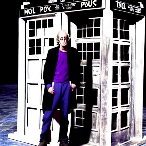 Prompt: christopher lloyd as doctor who in front of tardis, directed by steven spielberg, 1 9 9 4