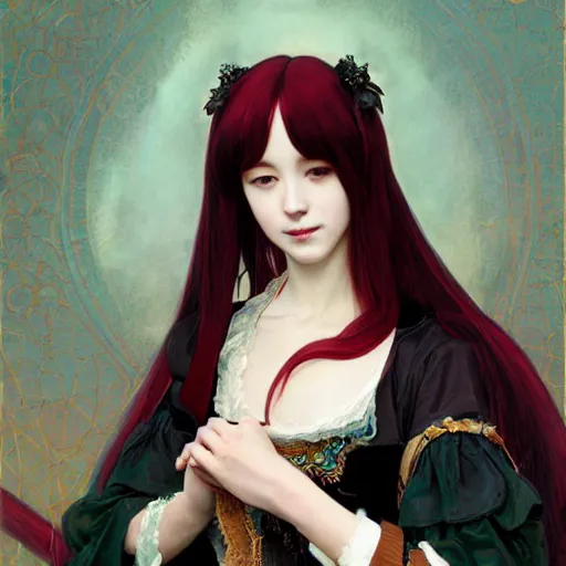 Prompt: a beautiful portrait of hatsune miku with long black and deep red colored hair dressed as a 1 6 th century european noblewoman, intricate, elegant, highly detailed, digital painting, artstation, concept art, matte, sharp focus, illustration, art by greg rutkowski and alphonse mucha