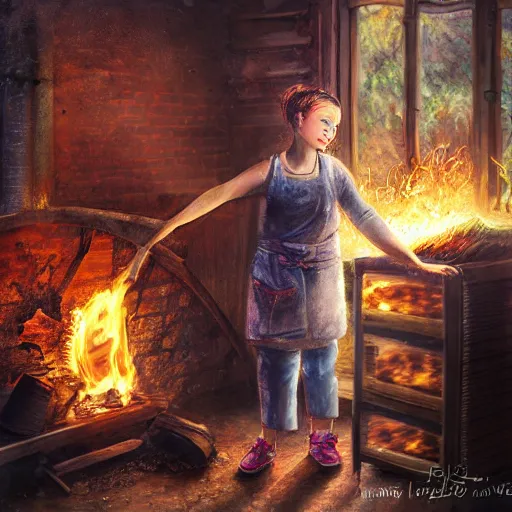 Prompt: the blacksmits’ daughter working in the forge, a smile at her face, dramatic light, fire, fantasy art in the style of Lilia Alvarado,