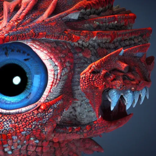 Image similar to big blue eye of ancient red dragon, close-up, high detail 3d model, Octane render, octane, 4k